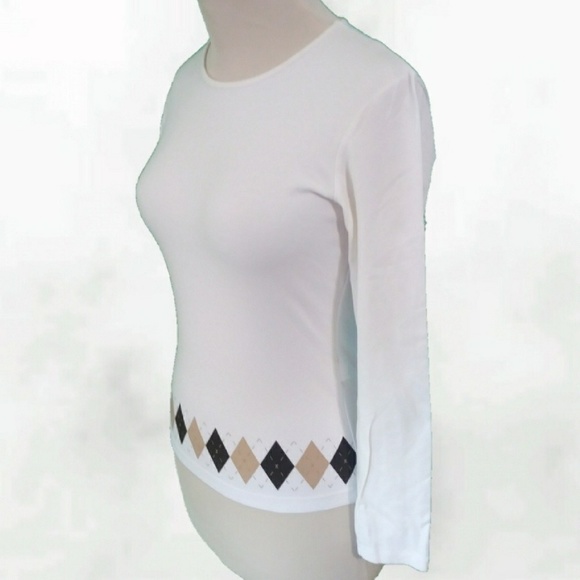 White Long Sleeve Tee With Tartan Plaid Trim - Picture 3 of 7